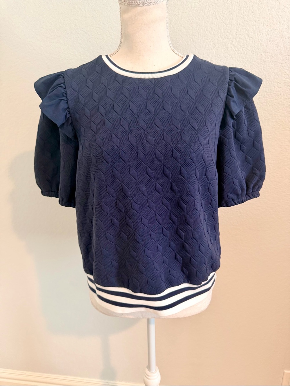Navy Puff Sleeve Textured Knit Top with Contrast Trim